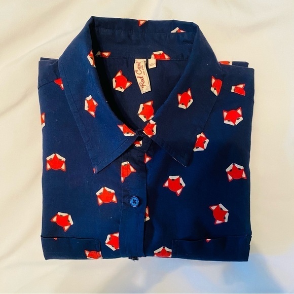 Navy Button Down Shirt Red Fox Graphic Size Small - Picture 4 of 4